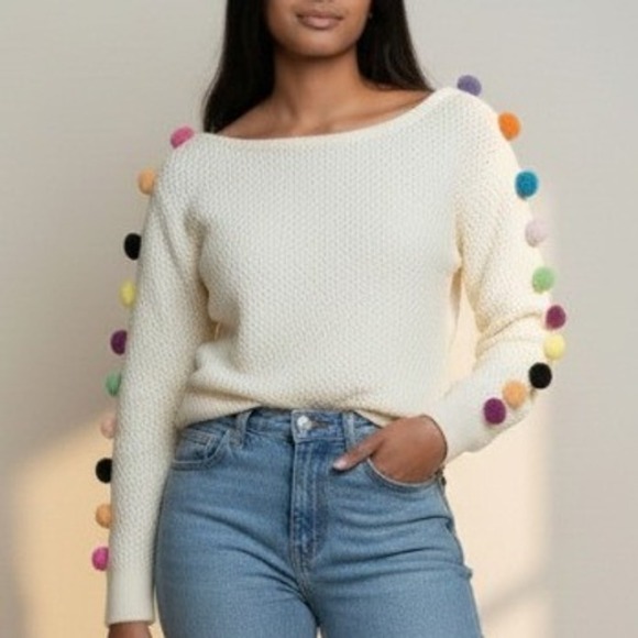 Anthropologie Sweaters - Anthropologie S Emilia Pom Sweater Textured Knit Cream Rainbow Pride Whimsy $120
